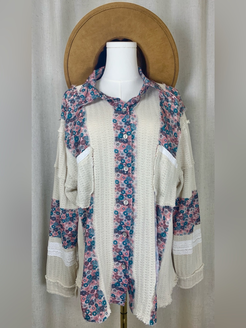 POL Cream Button-Down Top with Pink & Teal Floral Trim